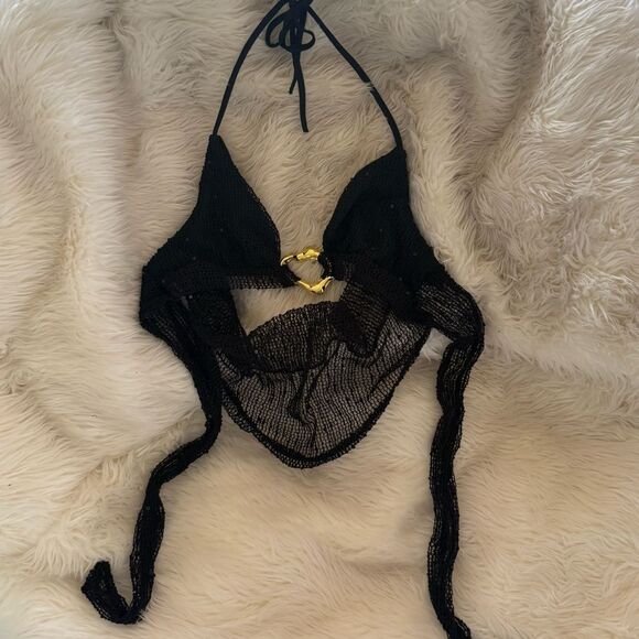 Black Lace Halter Top with Gold Accent - Picture 2 of 3